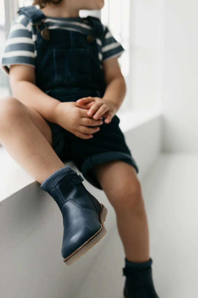 Leather Boot with Elastic Side - Navy - Image 2
