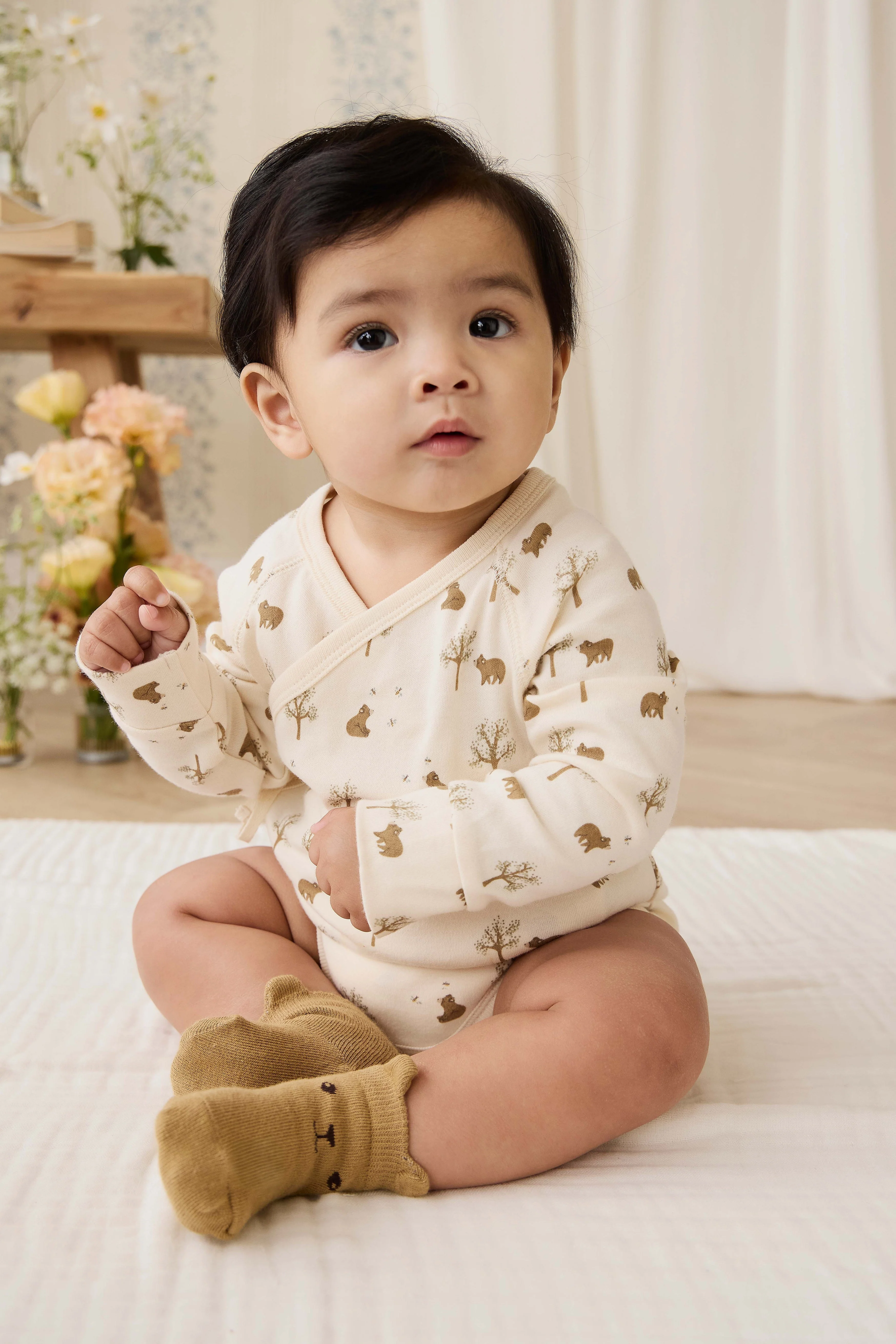 Organic Cotton Ames Wrap Long Sleeve Bodysuit - Honey Bear Cloud - Image 4