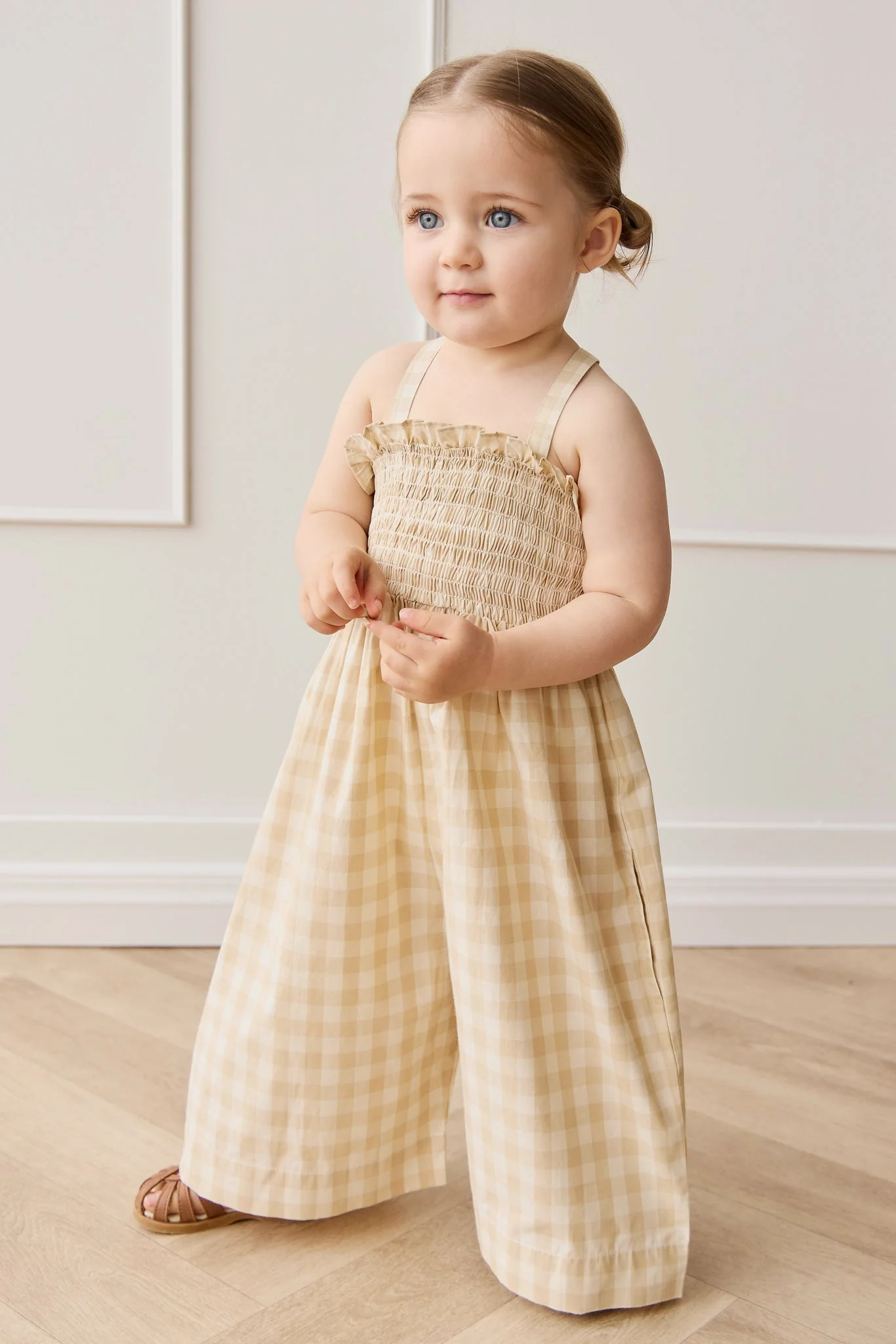 Organic Cotton Arabella Jumpsuit - Gingham Pale Khaki