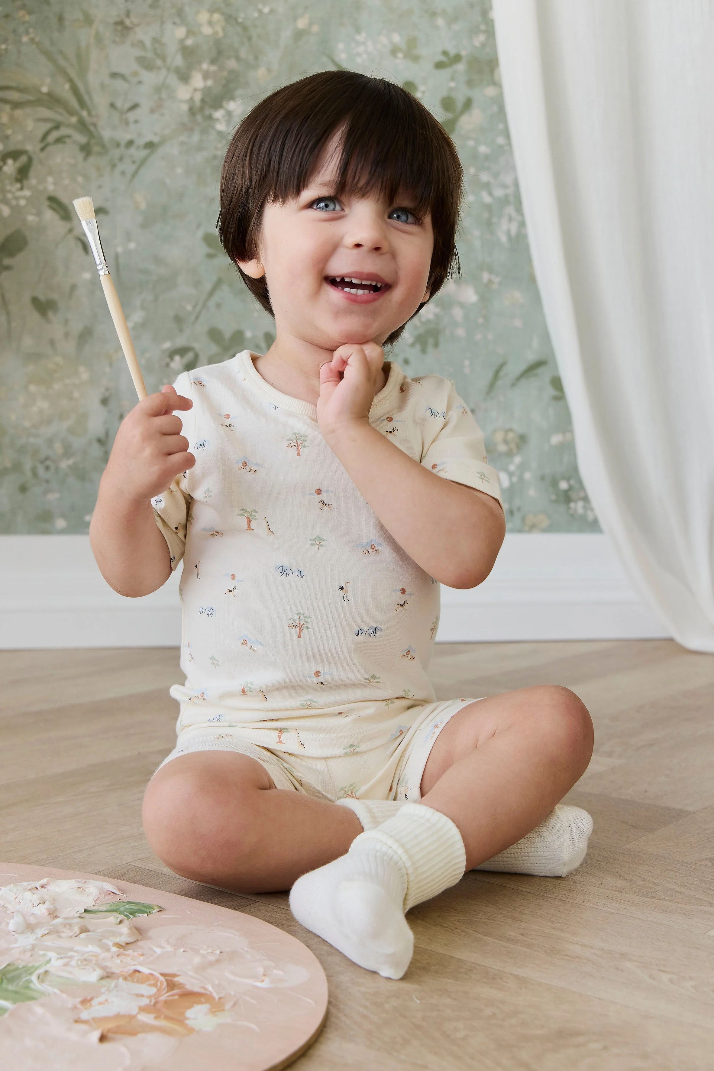 Organic Cotton Baker Short Sleeve Pyjama Set - Savannah Animals Tofu