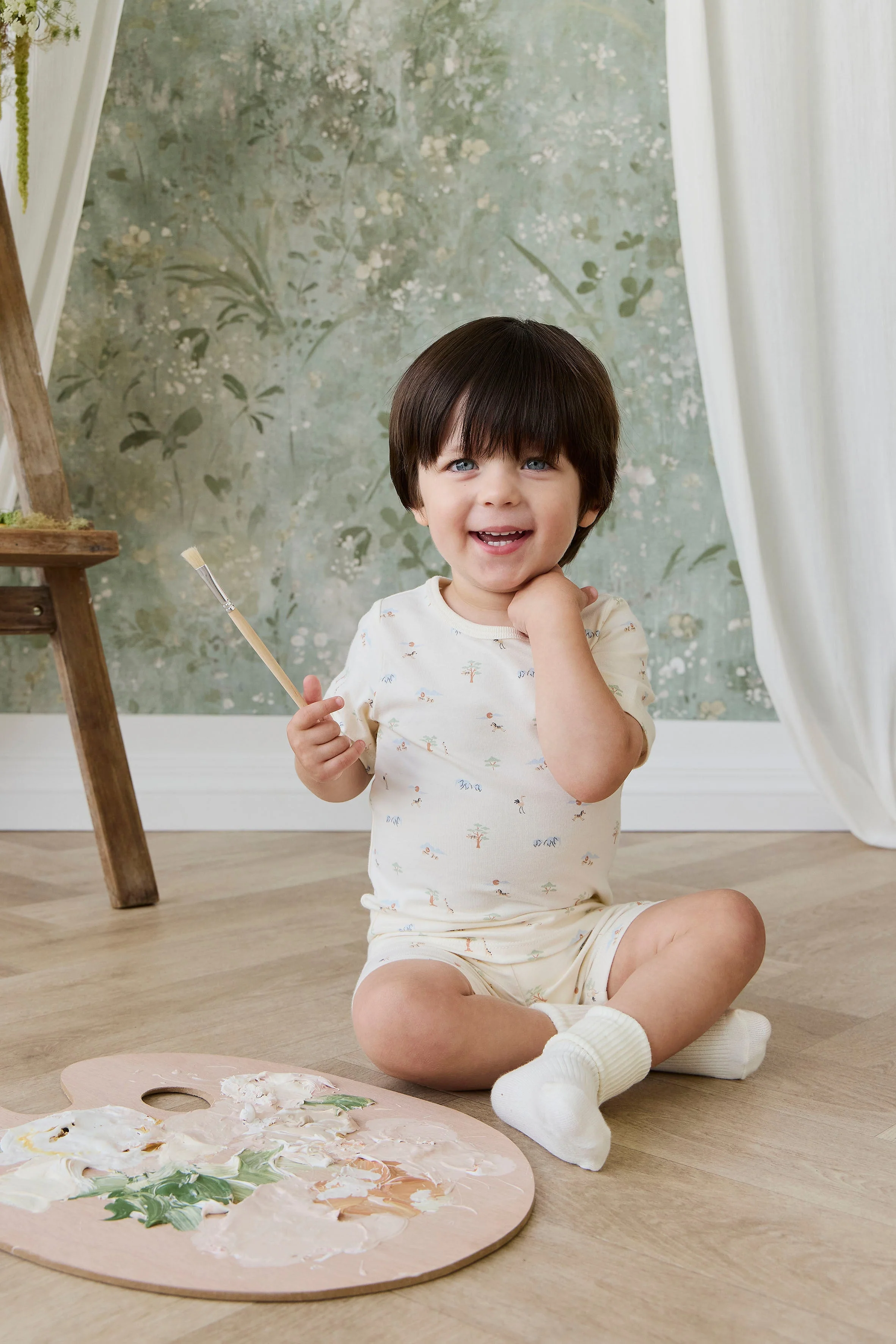 Organic Cotton Baker Short Sleeve Pyjama Set - Savannah Animals Tofu - Image 3