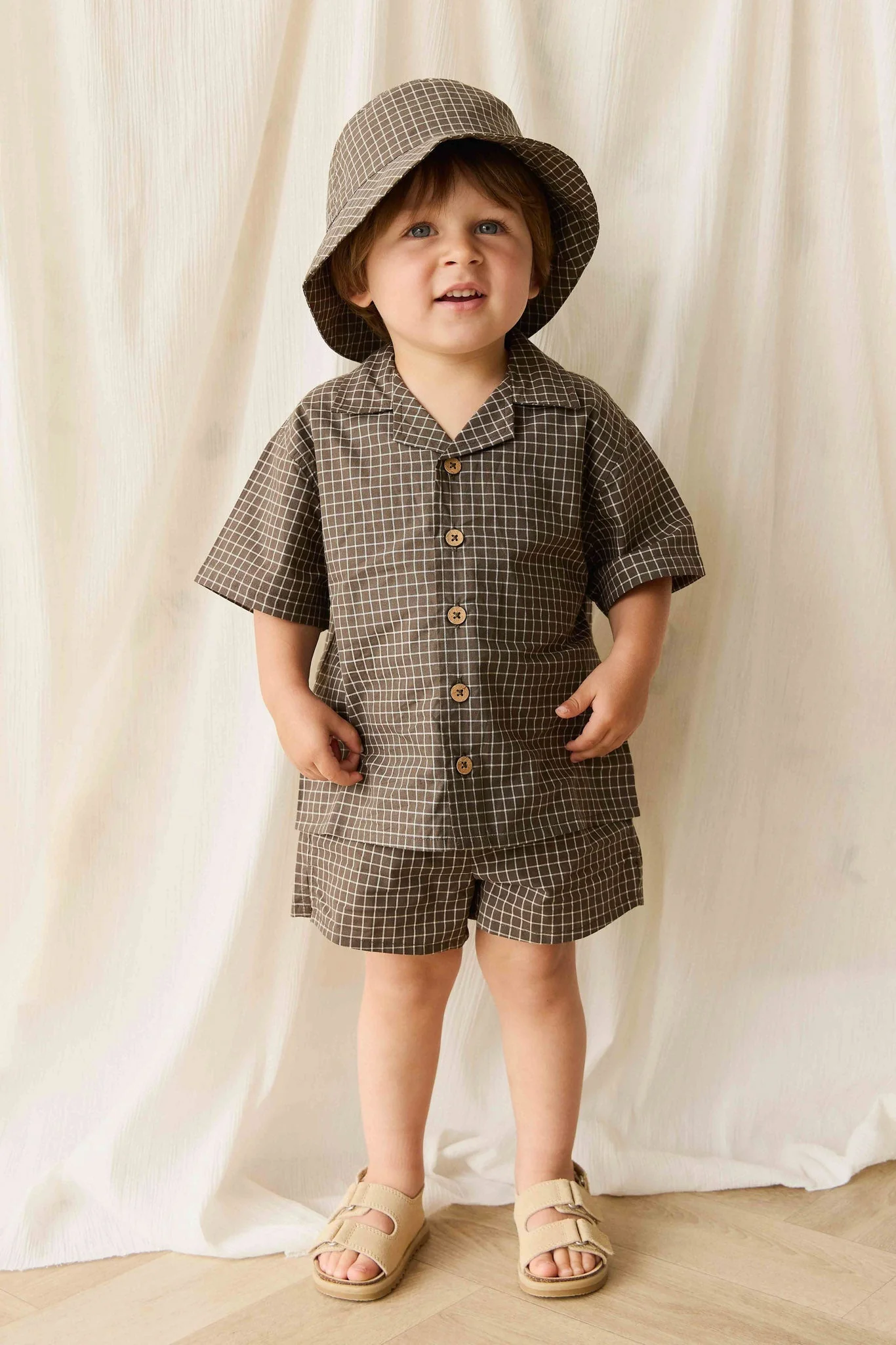 Organic Cotton Bucket Hat - Coffee Grid - Image 3