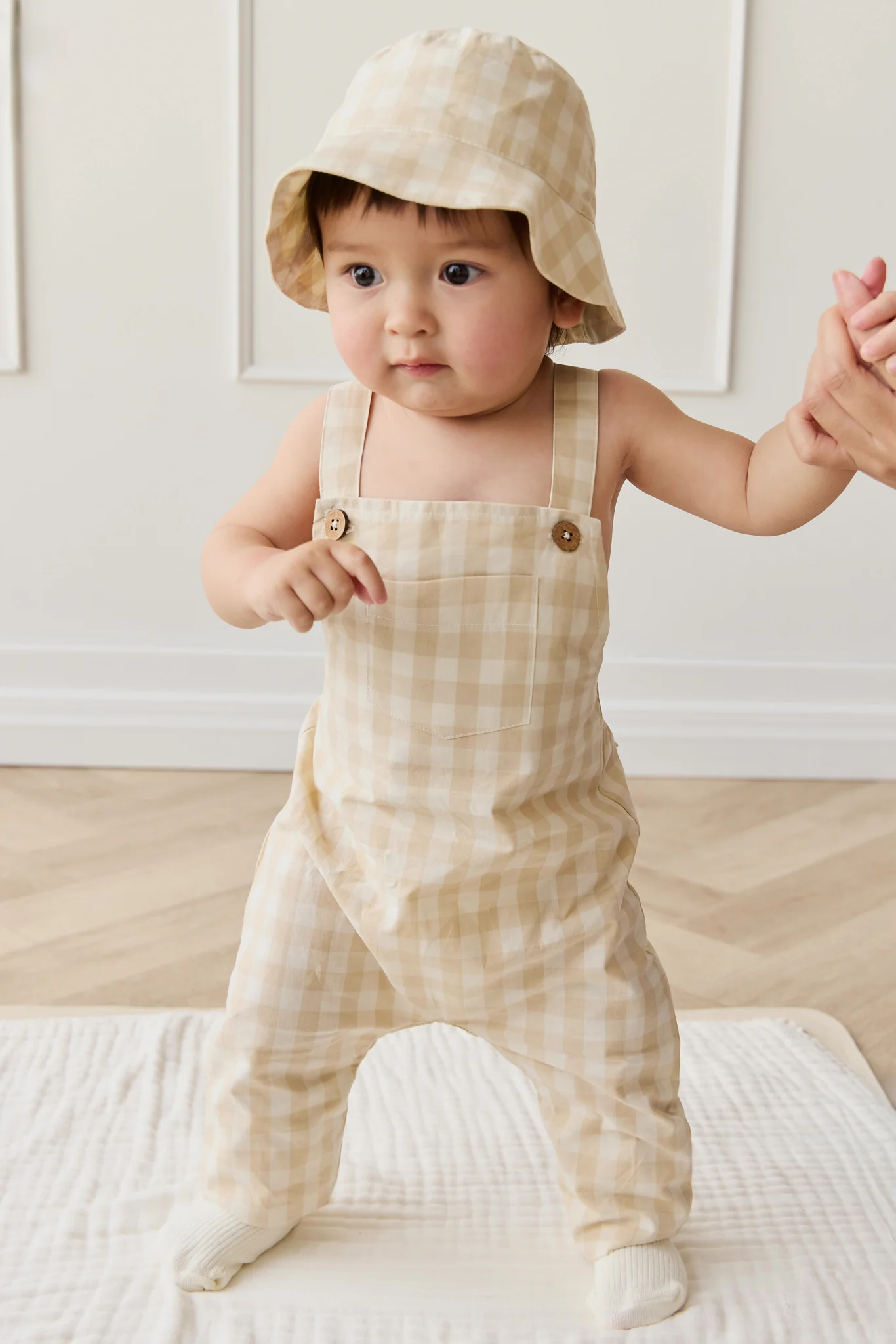 Organic Cotton Bucket Hat - Gingham Pale Khaki - Image 5