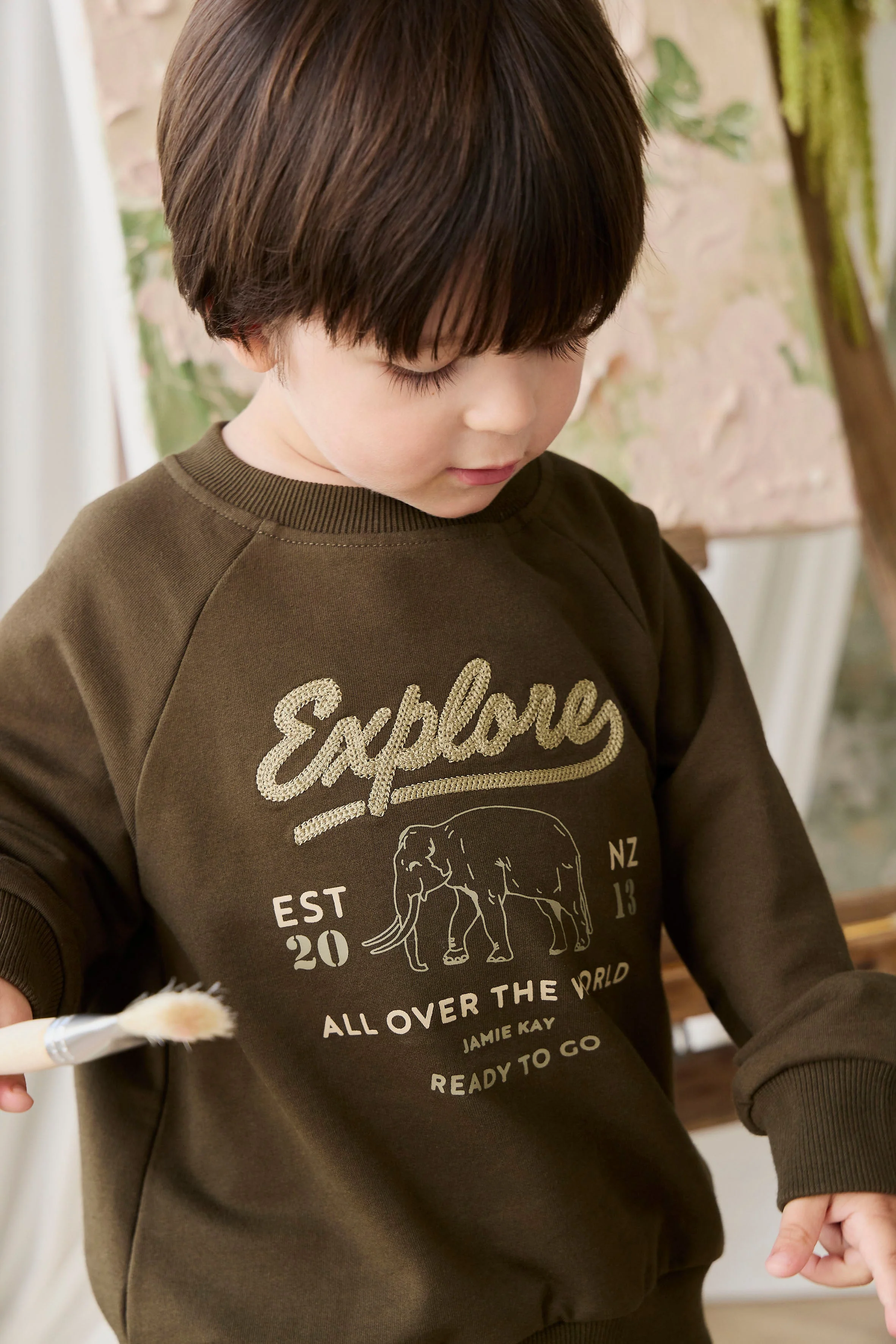 Organic Cotton Duncan Sweatshirt - Deep Olive Elephant Explore - Image 3