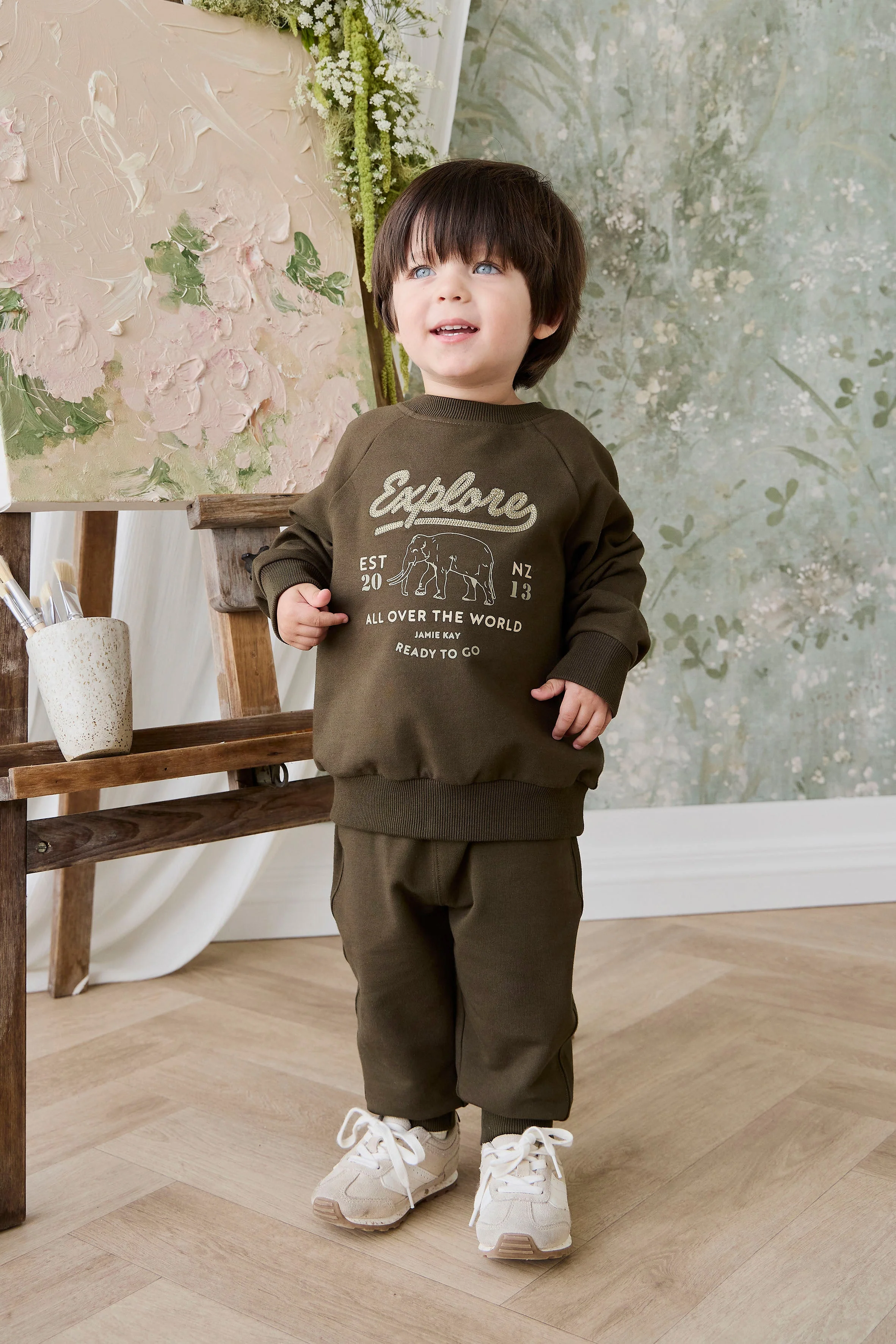 Organic Cotton Duncan Sweatshirt - Deep Olive Elephant Explore - Image 4