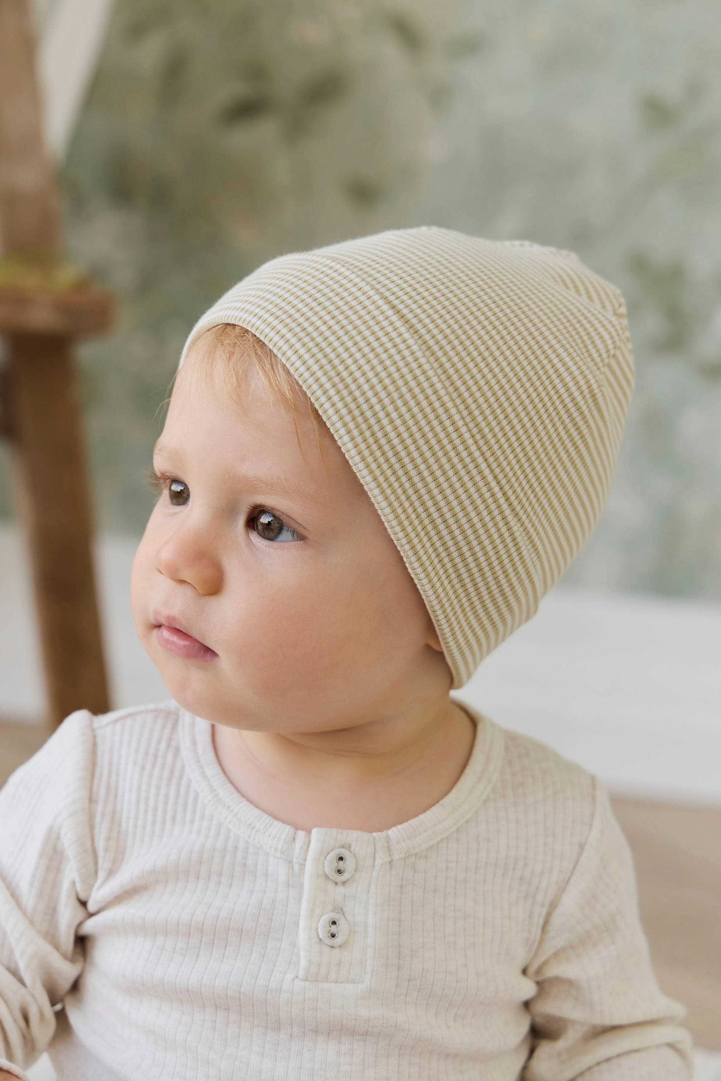 Organic Cotton Fine Rib Micah Beanie - Petite Stripe Hay/Cloud - Image 3