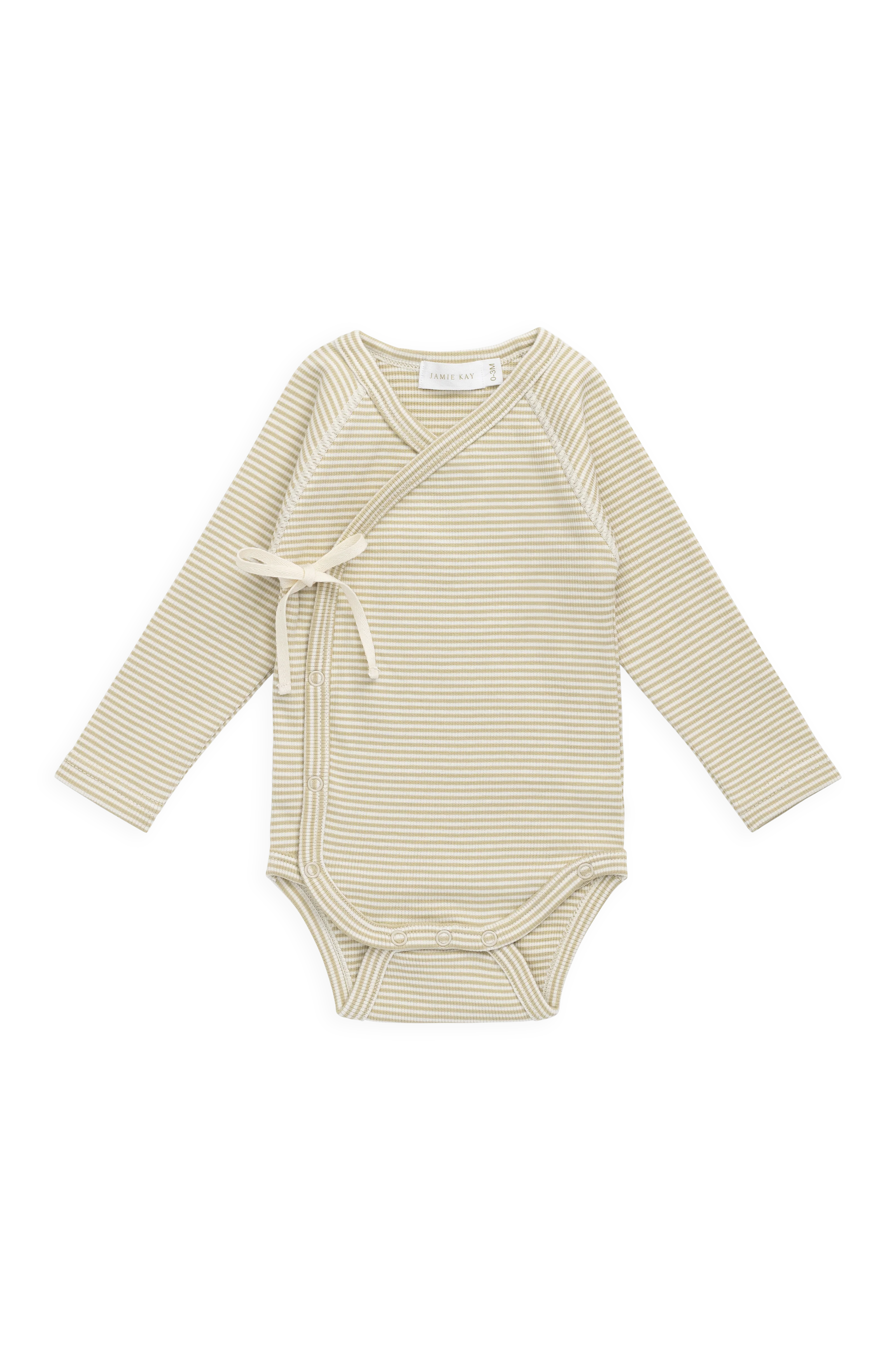 Organic Cotton Fine Rib Micah Long Sleeve Playsuit - Petite Stripe Hay/Cloud - Image 2