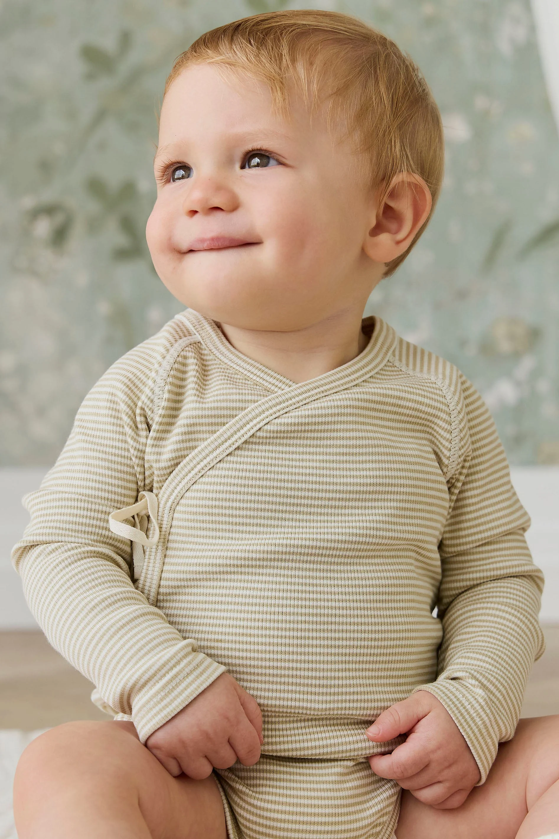 Organic Cotton Fine Rib Micah Long Sleeve Playsuit - Petite Stripe Hay/Cloud - Image 3