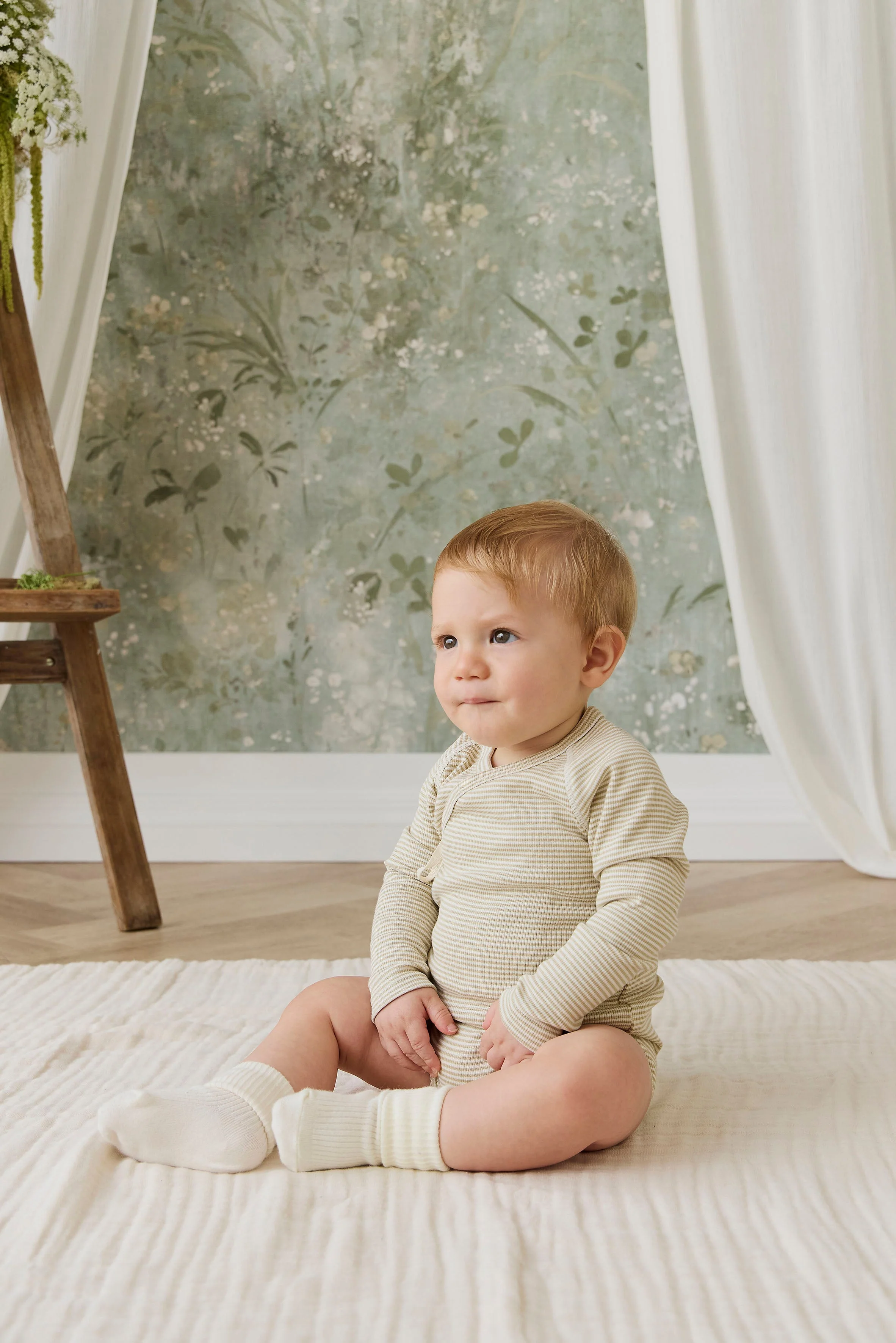 Organic Cotton Fine Rib Micah Long Sleeve Playsuit - Petite Stripe Hay/Cloud - Image 4