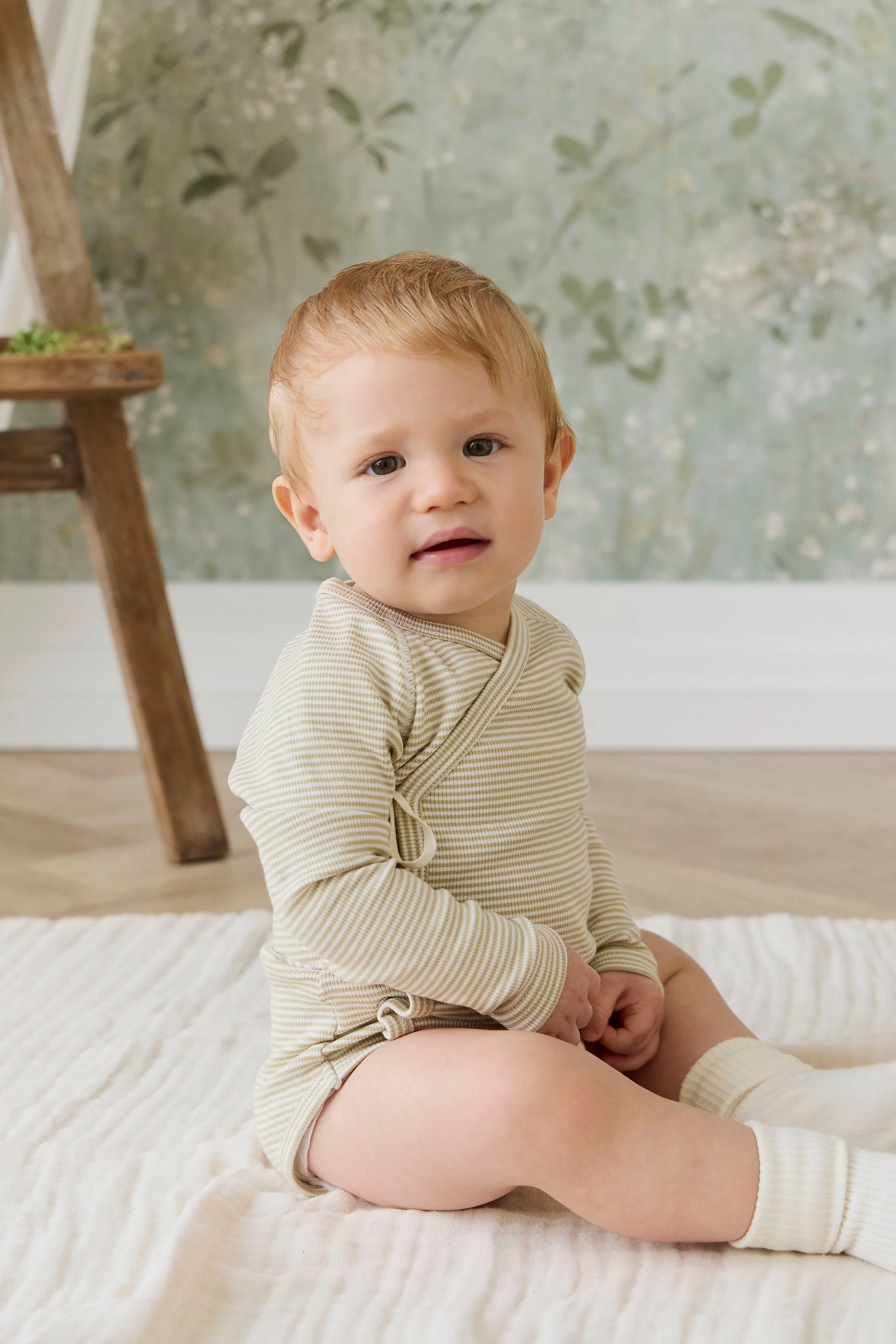 Organic Cotton Fine Rib Micah Long Sleeve Playsuit - Petite Stripe Hay/Cloud - Image 5