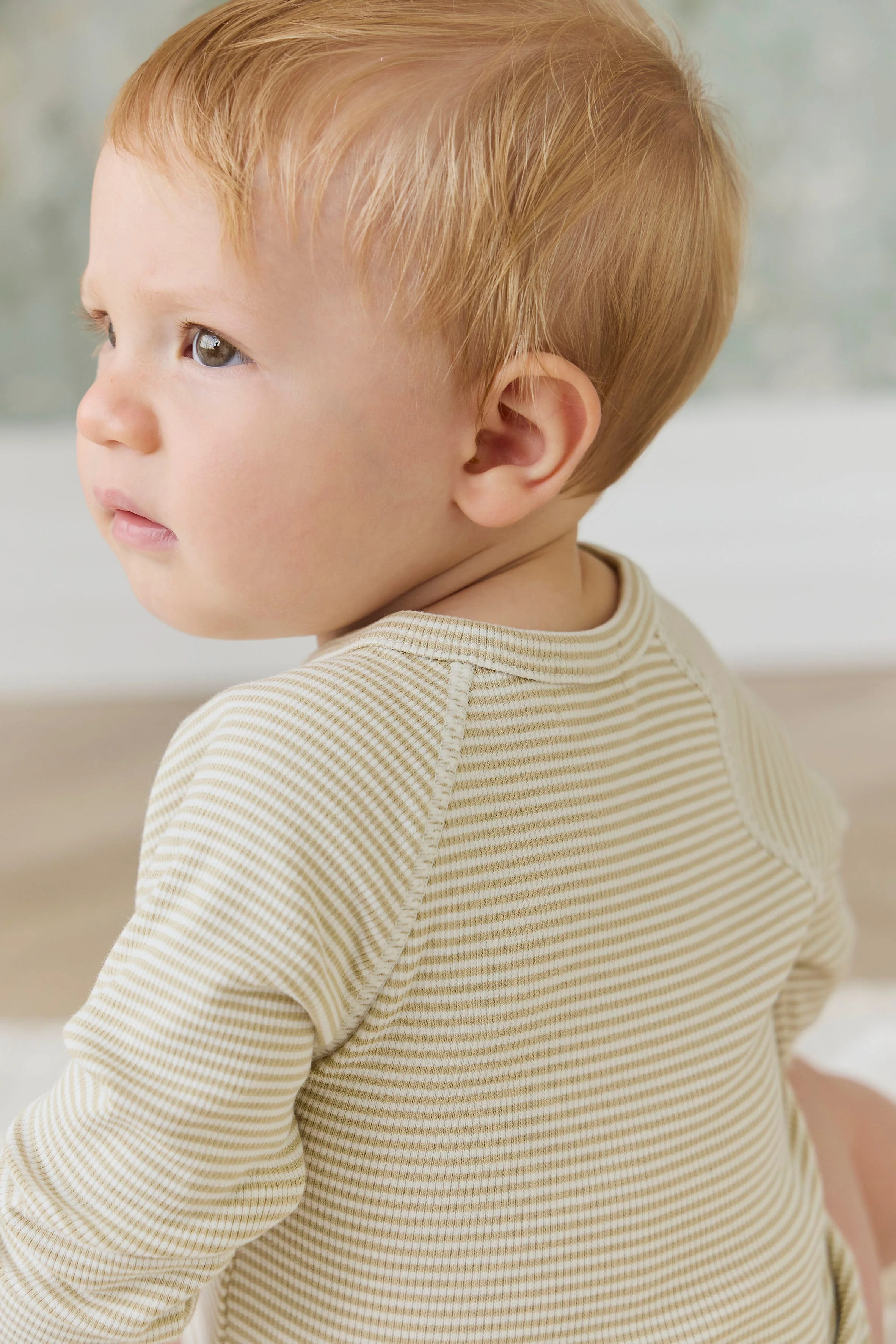 Organic Cotton Fine Rib Micah Long Sleeve Playsuit - Petite Stripe Hay/Cloud - Image 6
