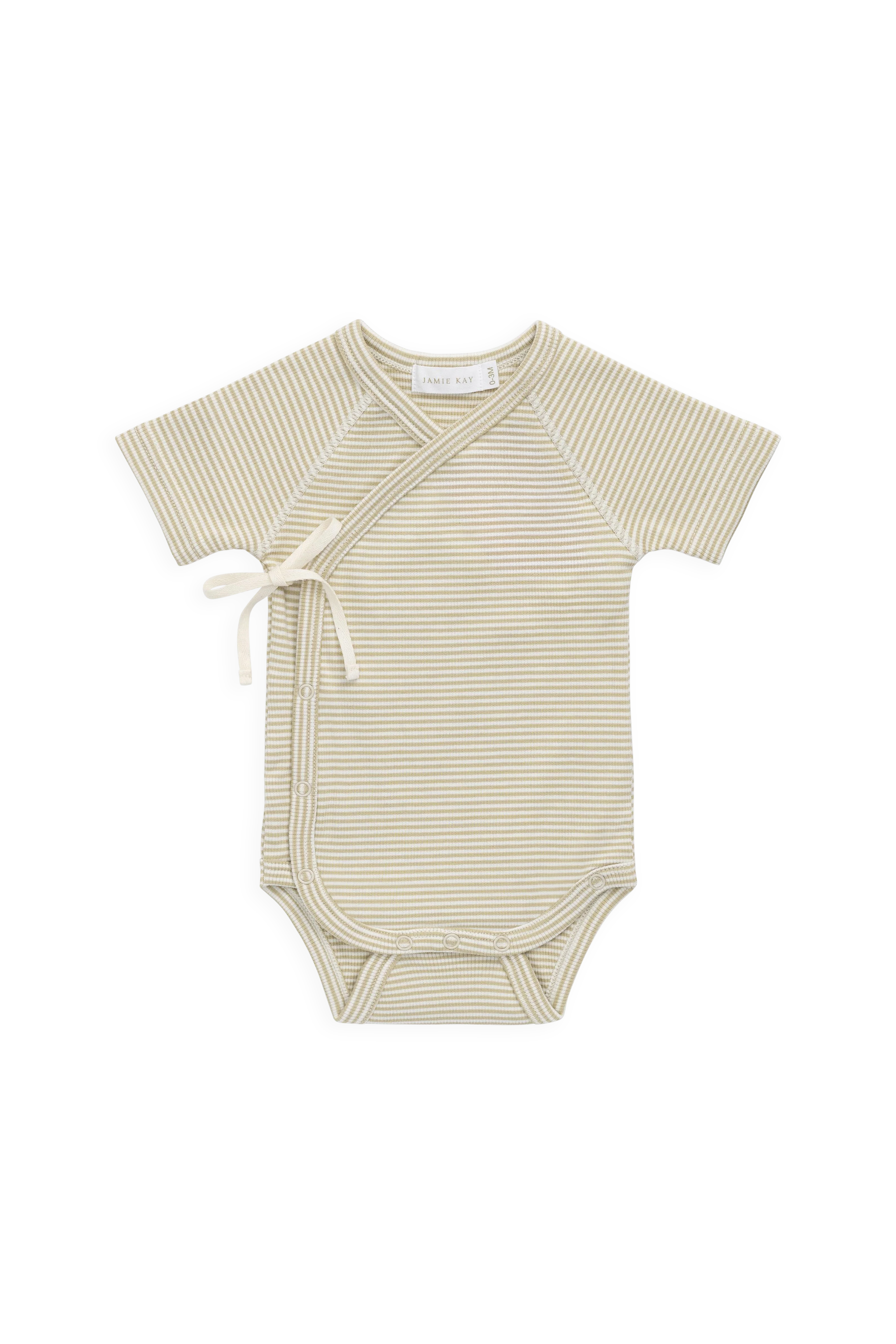 Organic Cotton Fine Rib Micah Short Sleeve Playsuit - Petite Stripe Hay/Cloud - Image 2