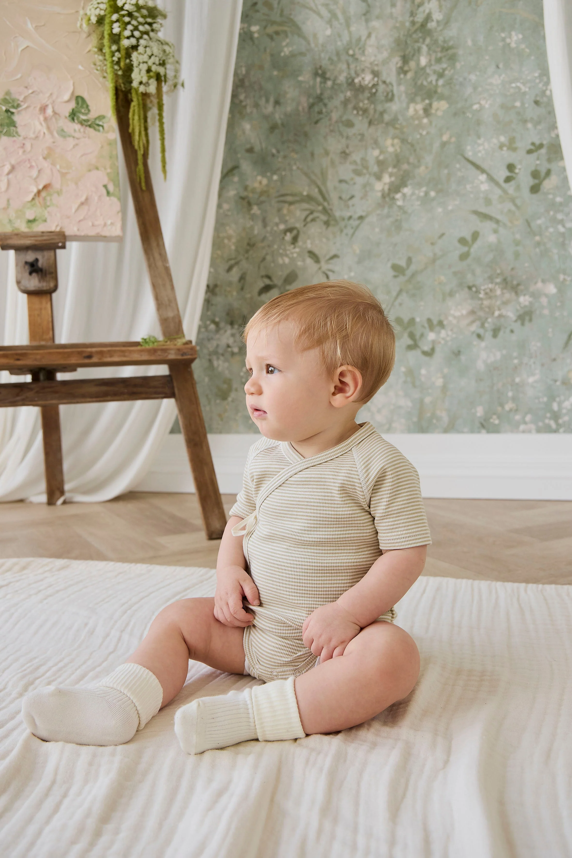 Organic Cotton Fine Rib Micah Short Sleeve Playsuit - Petite Stripe Hay/Cloud - Image 4