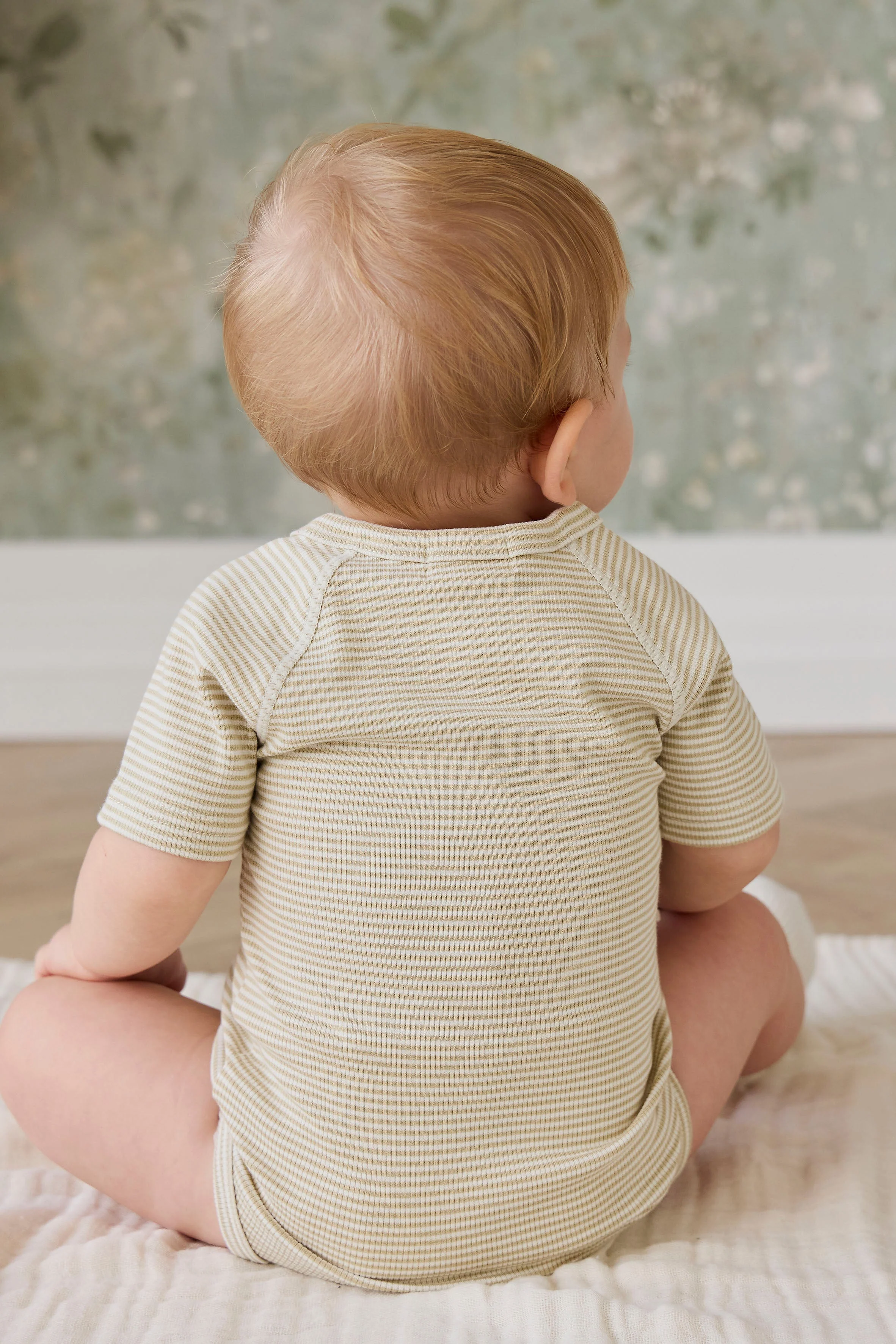 Organic Cotton Fine Rib Micah Short Sleeve Playsuit - Petite Stripe Hay/Cloud - Image 5
