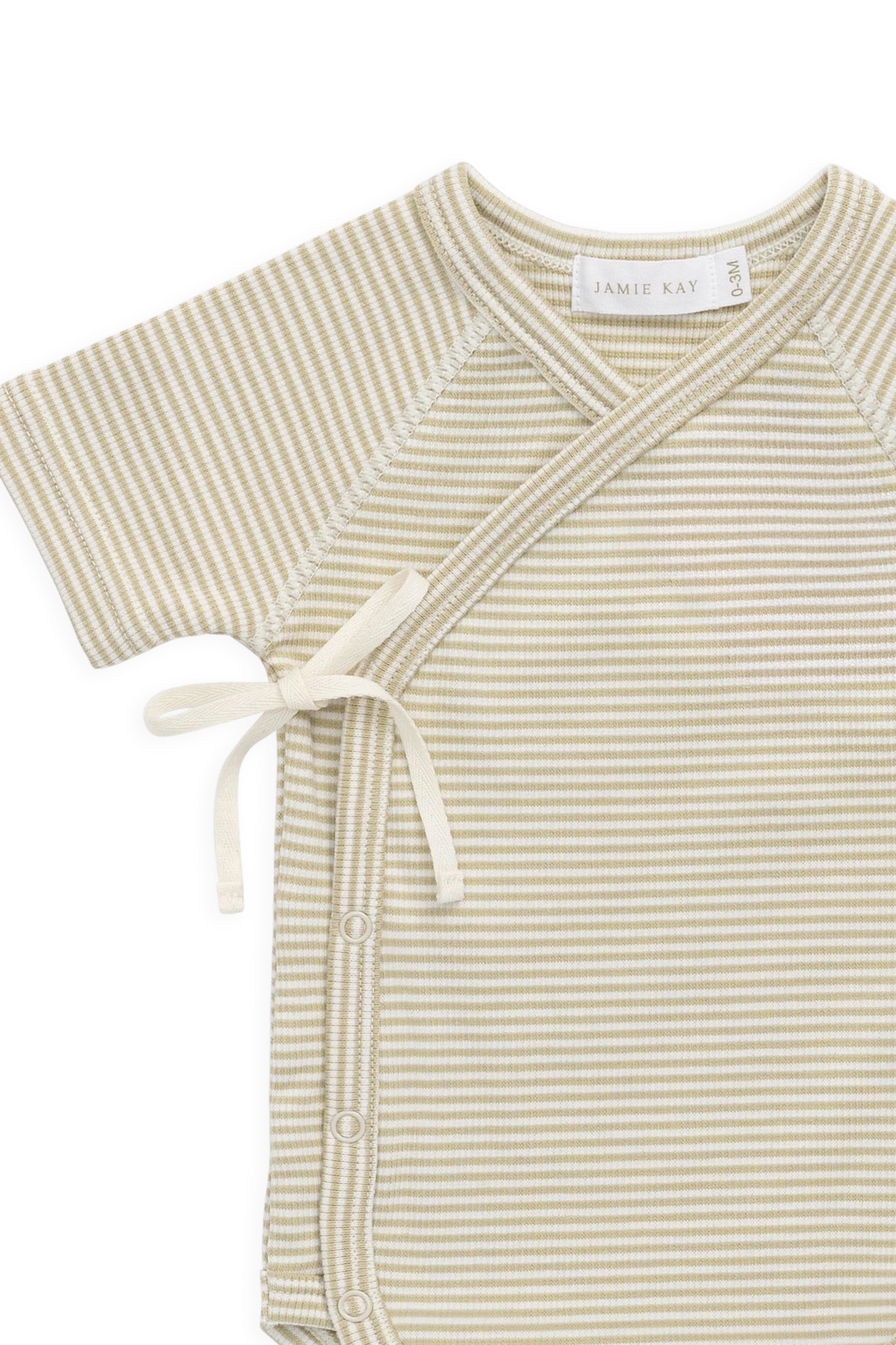 Organic Cotton Fine Rib Micah Short Sleeve Playsuit - Petite Stripe Hay/Cloud - Image 6