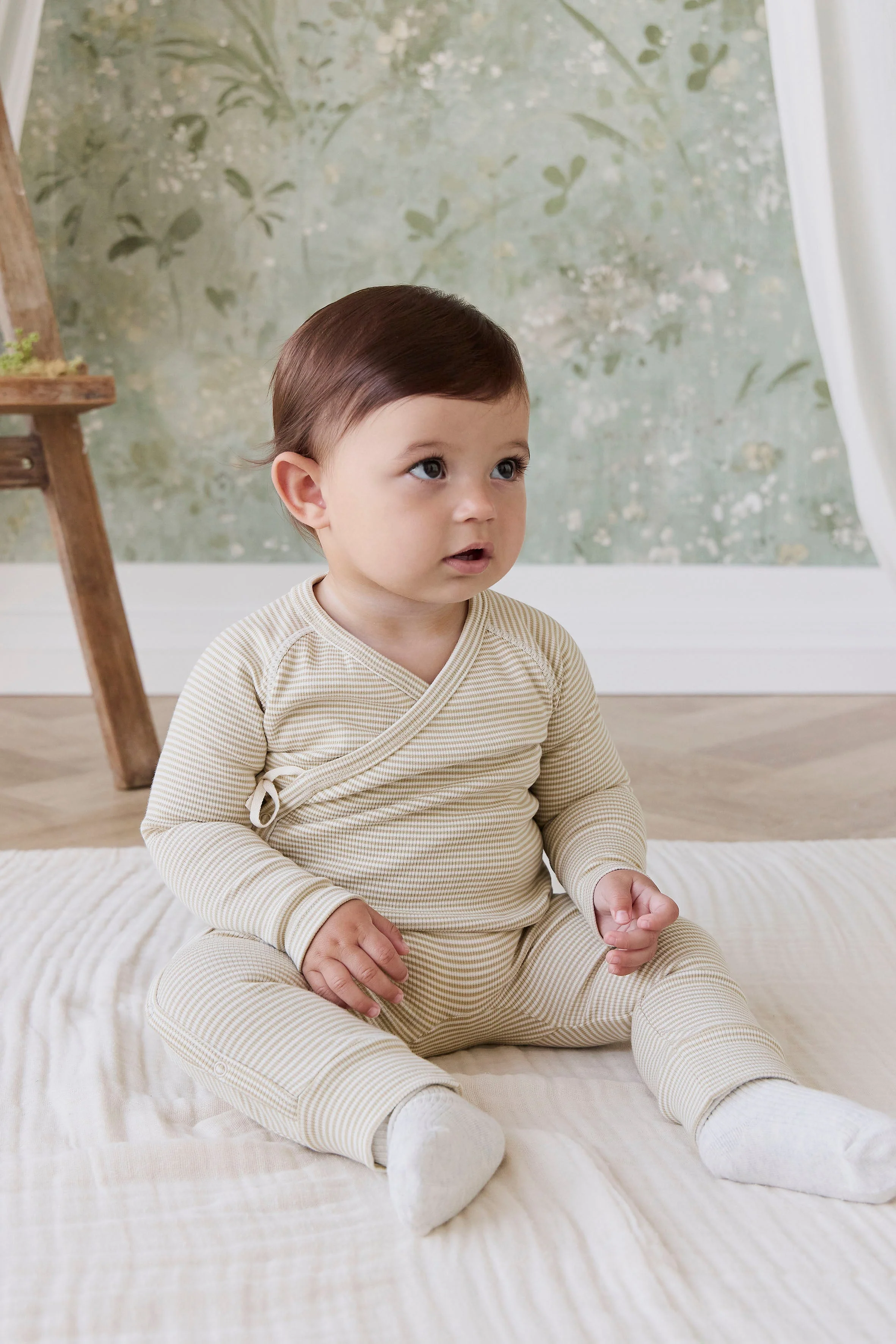Organic Cotton Fine Rib Micah Wrap Onepiece - Petite Stripe Hay/Cloud - Image 4