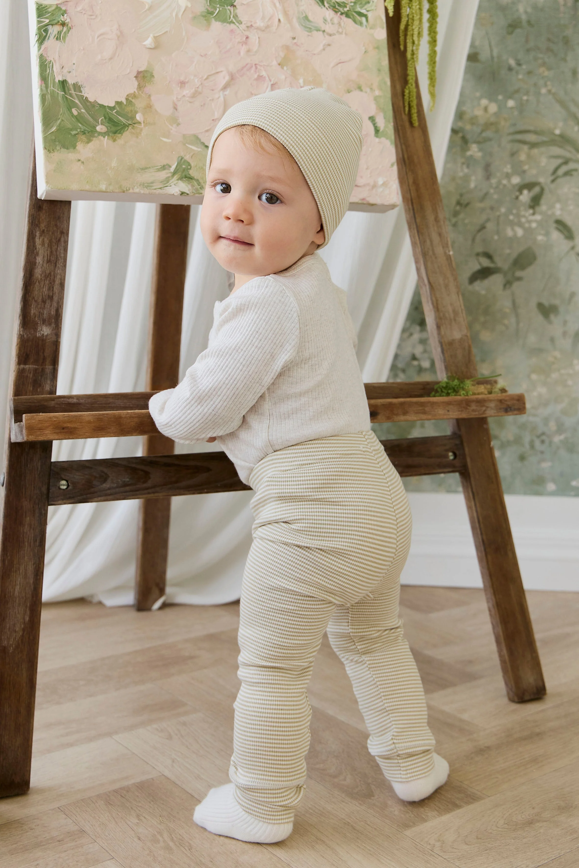Organic Cotton Fine Rib Wiley Legging - Petite Stripe Hay/Cloud - Image 4