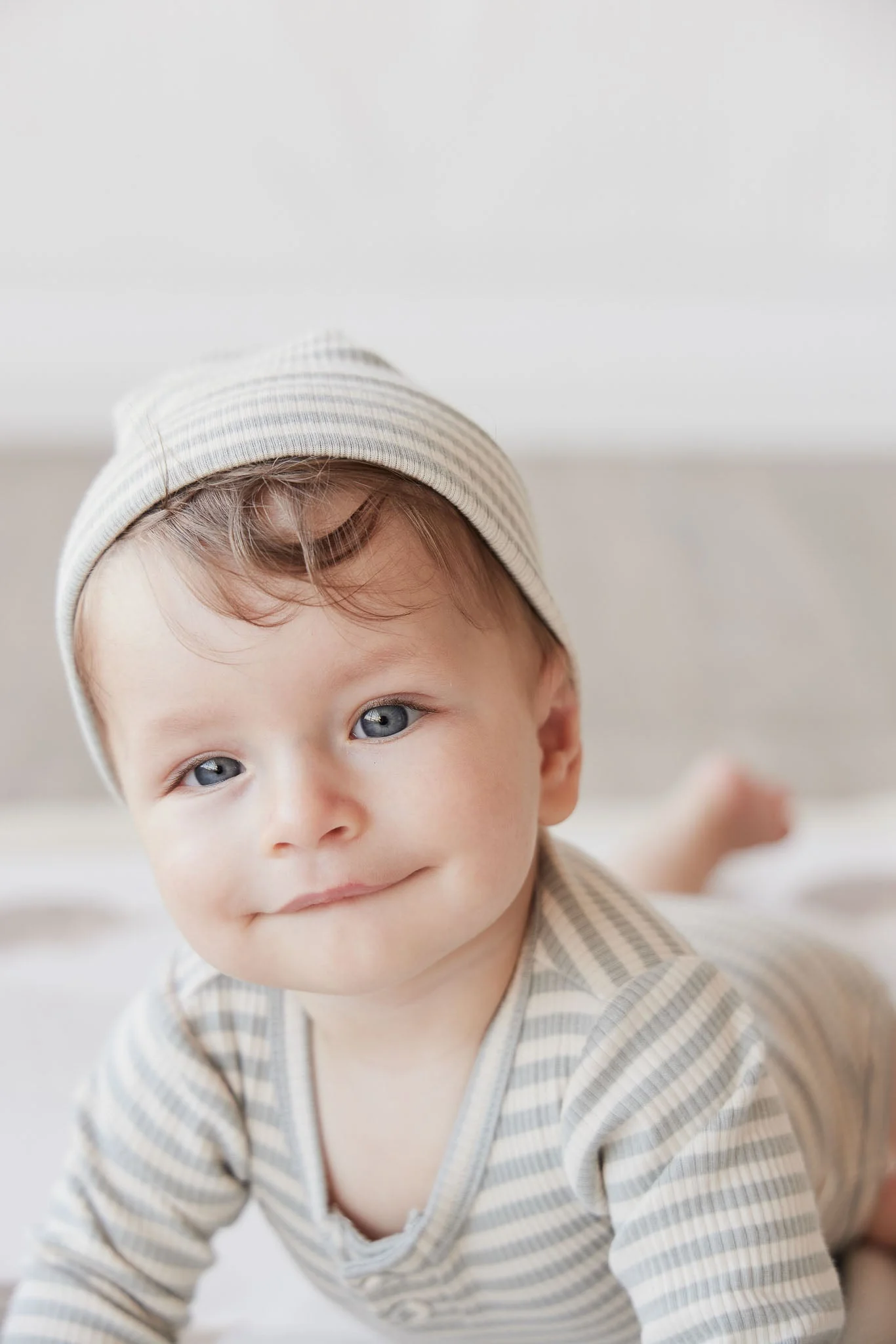 Organic Cotton Modal Lennon Beanie - Narrow Stripe Willow/Soft Clay - Image 3