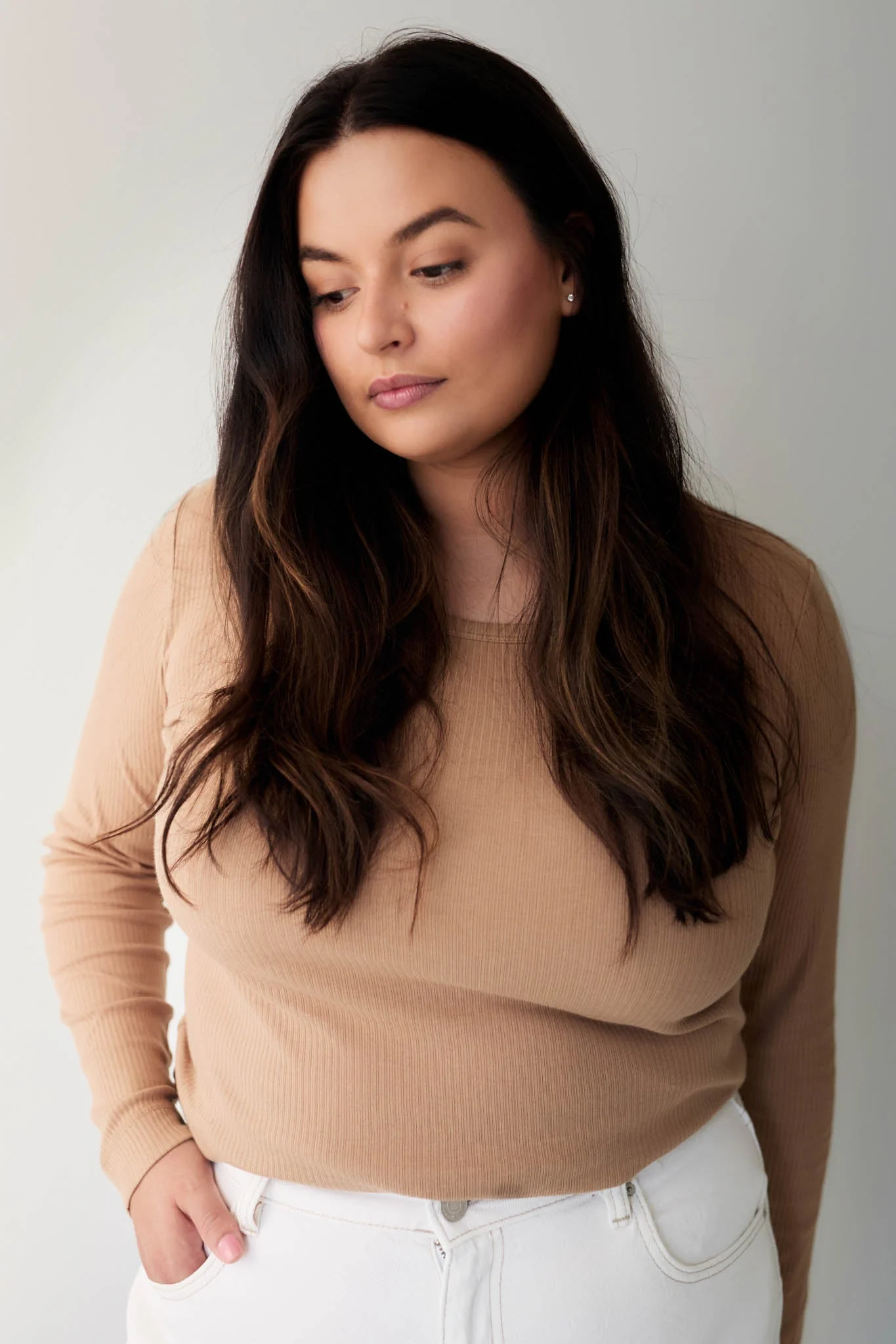 Organic Cotton Modal Womens Long Sleeve Top - Latte - Image 3