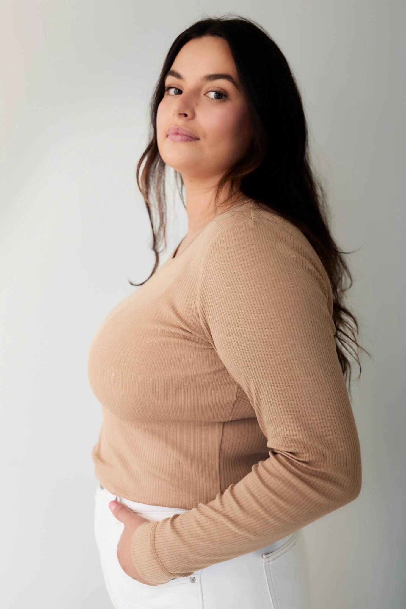 Organic Cotton Modal Womens Long Sleeve Top - Latte - Image 5