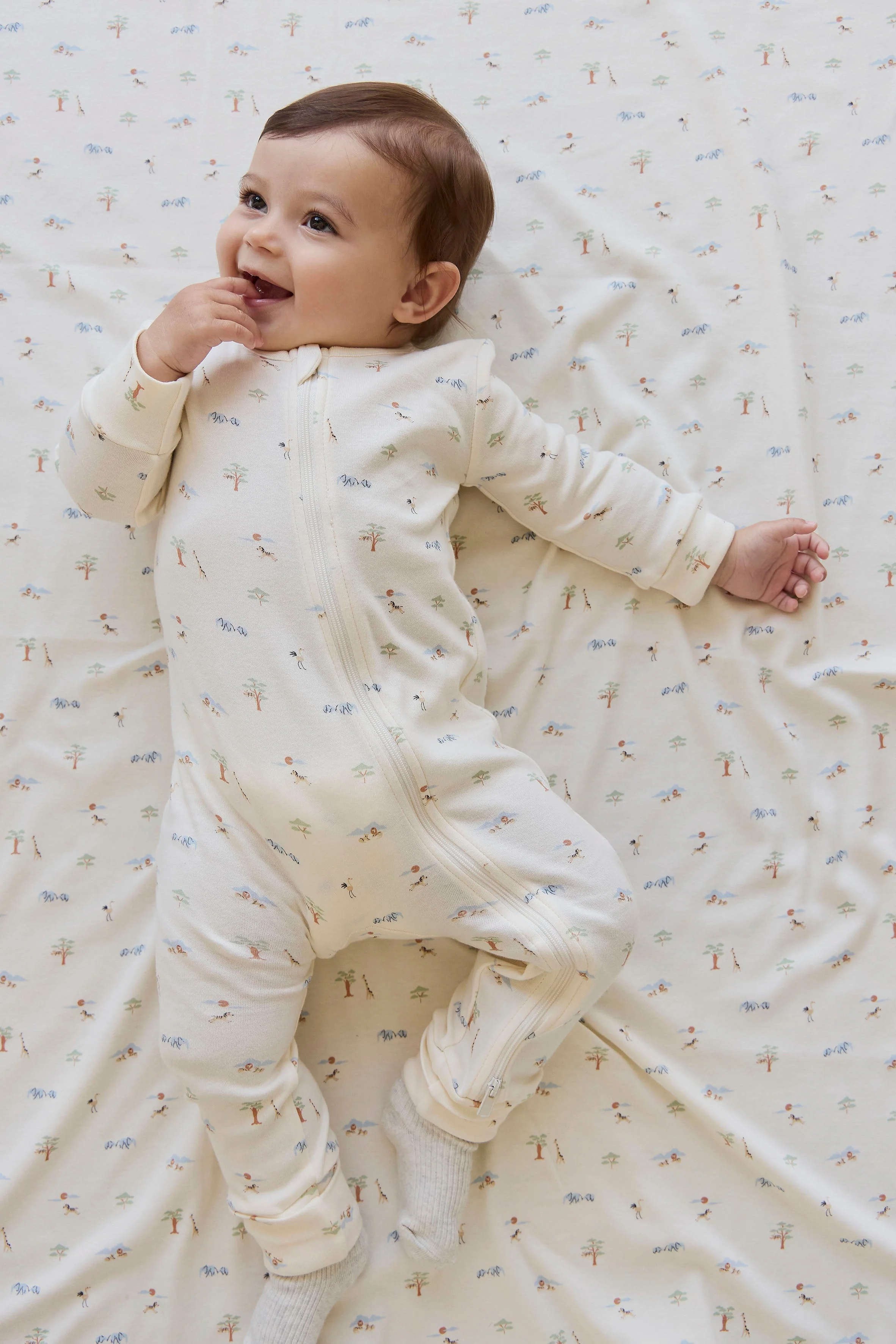 Organic Cotton Reese Zip Onepiece - Savannah Animals Tofu - Image 4