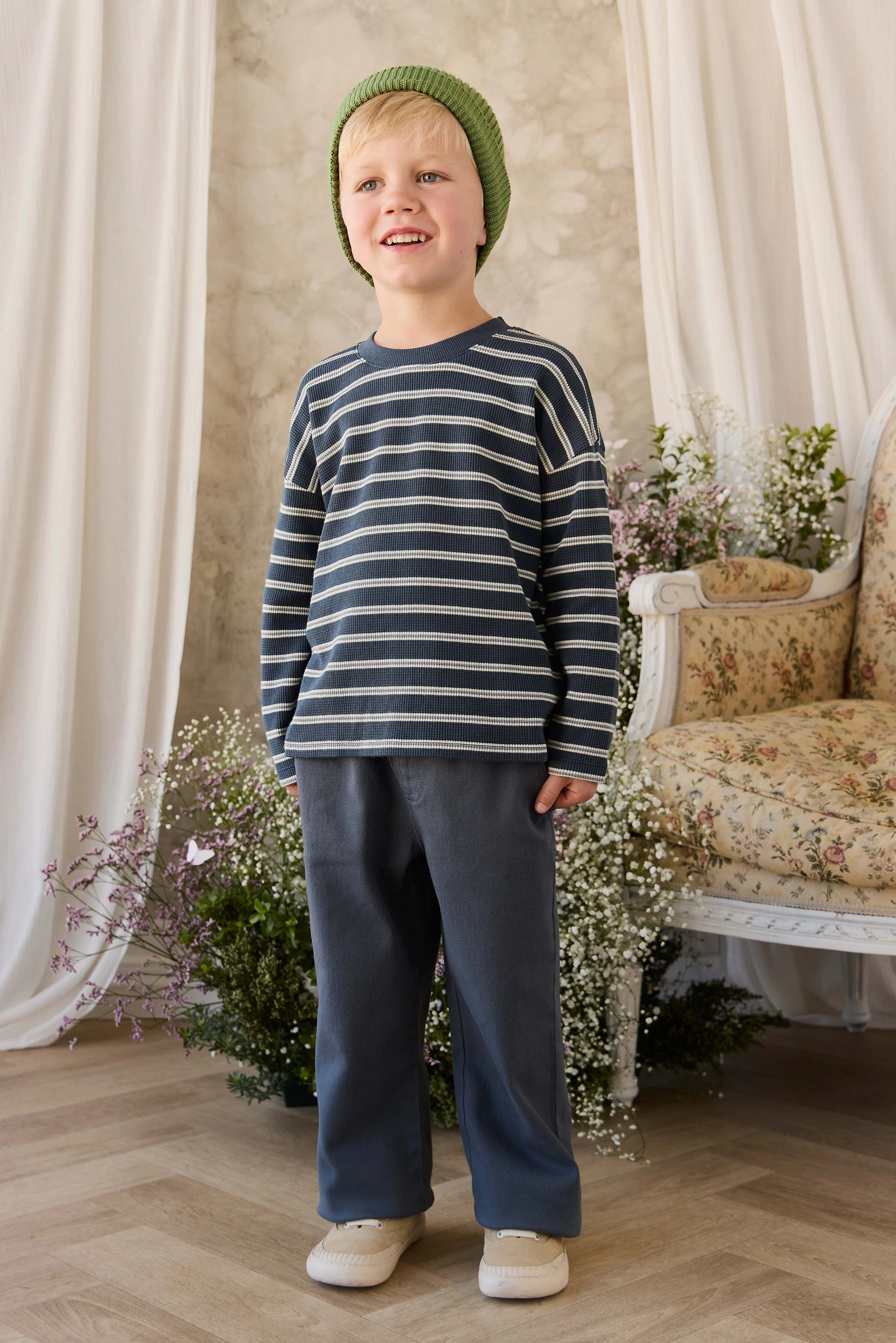 Organic Cotton Waffle Leith Long Sleeve Top - Dreamer Stripe Captain - Image 6