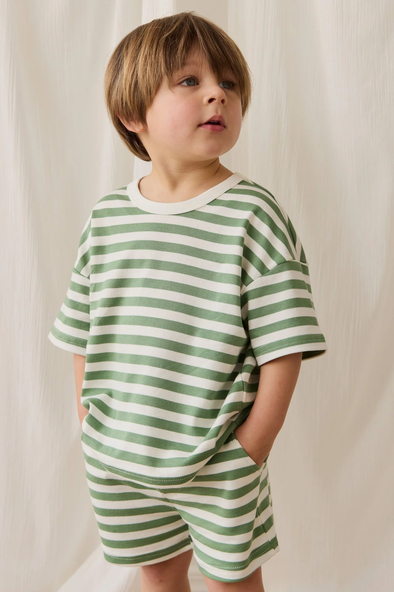 Pima Cotton Wesley Short - Essential Stripe Parchment/Snow Pea