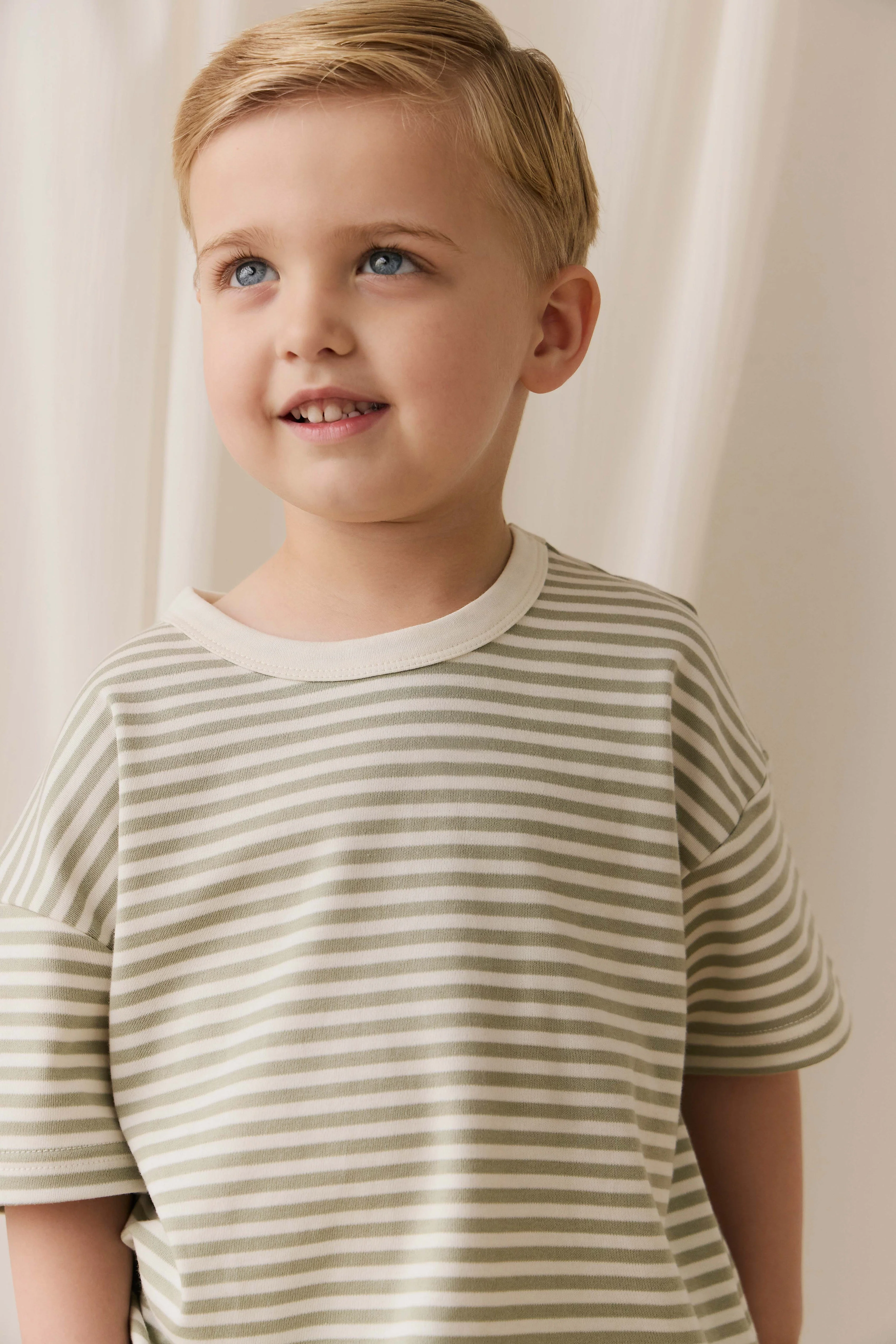 Pima Cotton Wesley Tee - Narrow Stripe Lichen / Cloud